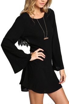 Women's Chiffon Lace Backless Flare Sleeve Hot Mini Dress Black S  