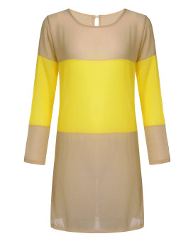 Womens Chiffon Striped Long Sleeve Top Tee Shirt Casual Loose Blouse Mini Dress (Yellow)  