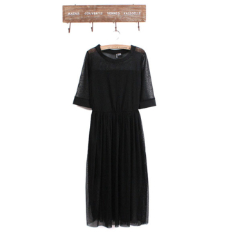 Women"s Elegant Slim Fit Round Collar Lace Half Sleeve Perspective Long Dress (Black) (Intl) - intl  