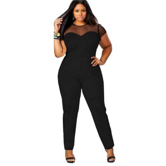 Women's fashionable cloth stitching sexy large size short-sleeved round neck piece pants(Black) - intl  