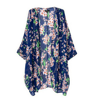 Women's Girls Floral Printing Long Loose Knitted Cardigan Shawl Cape Sweater Coat Blue  