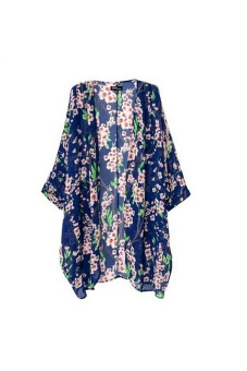 Women's Girls Floral Printing Long Loose Knitted Cardigan Shawl Cape Sweater Coat - Size M Blue  