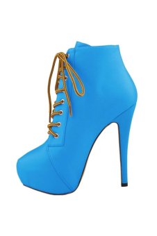 Women's High Heel Ankle Boots Lace Up Platform Party Boots (Blue)  