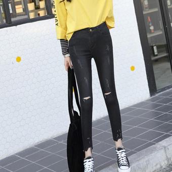 Women's High-waisted Regular Ankle Length Pencil Pants Korean Jean With Ripped Black - intl  