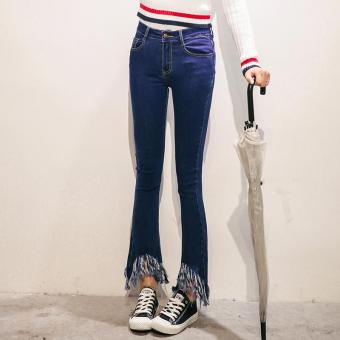Women's High-waisted Slim Full Length Flare Pants Concise Jean With Tassel Dark blue - intl  