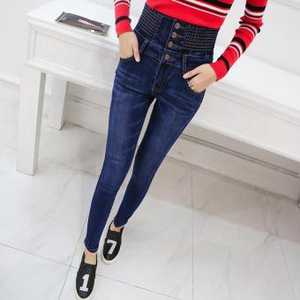 Women's High-waisted Slim Full Length Pencil Pants Korean Jeans Dark blue - intl  