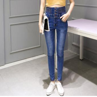 Women's High-waisted Slim Full Length Pencil Pants Korean Jeans Light blue - intl  
