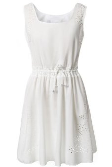 Women's Hollow Out Sleeveless Drawstring Waistband Dress White M  