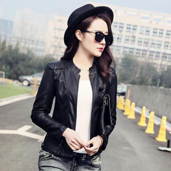 Women's Korean style Mandarin Collar Slim Fit locomotive Leather jacket Ladies Girls Fashion Zipper PU Leather Coat Outwear-Black - intl  