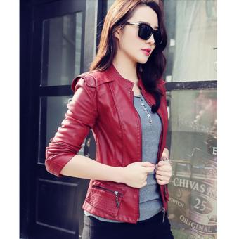 Women's Korean style Mandarin Collar Slim Fit locomotive Leather jacket Ladies Girls Fashion Zipper PU Leather Coat Outwear-Wine Red - intl  