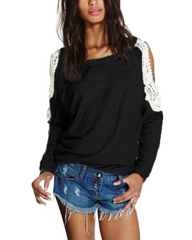 Womens Lace Crochet Splice Off Shoulder Long Sleeve Round Neck Shirt Tops Blouse Black  
