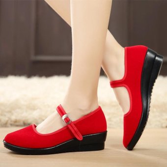 Womens Ladies Mid Wedge Heel Mary Jane Hotel Work Strap Shoes Ballet Cotton Flat RED - intl  