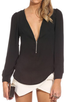 Women's Ladies' Modern Sexy V-Neck Zipper Chiffon Long Sleeve Pullover Blouse T-shirt Black M  