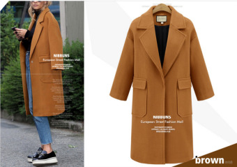 women's large pocket long woolen coat jacket lapel v neck coat khaki color - intl  