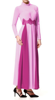 Womens Long Sleeve Chiffon Muslim Lace Belt Long Dress (Purple)  