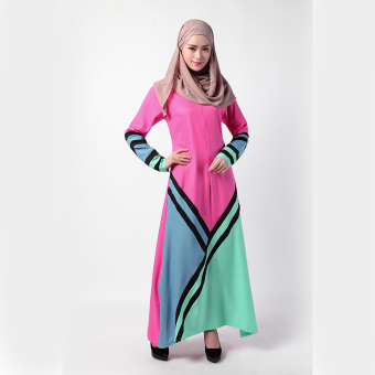 Womens Long Sleeve Geometry Color Kaftan Muslim Dress (Rose)  