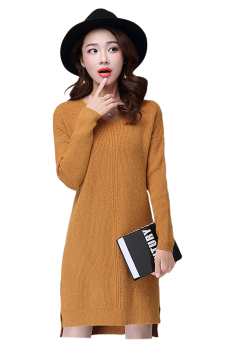 Women's Long Sleeve Knit Pullover Sweater Dress Khaki Size L  