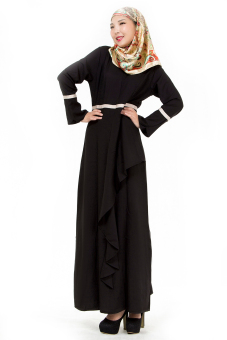 Womens Long Sleeve Lotus Leaf Kaftan Muslim Maxi Dress (Black)  