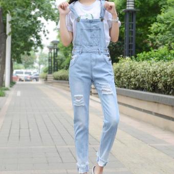 Women's Mid-waisted Conical Ankle Length Overalls Leisure Jean With Ripped Light Blue - intl  