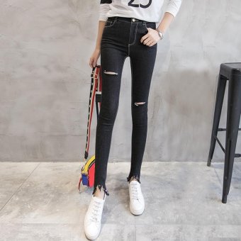 Women's Mid-waisted Regular Ankle Length Pencil Pants Korean Jeans With Hole Black - intl  