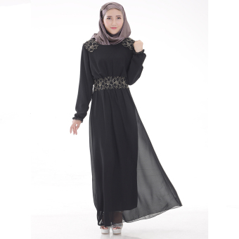 Women's Muslimah Dress Long Sleeves Round Collar Plain Traditional Style Chiffon Long Dress Moslem Islam Dress Black  