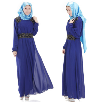 Women's Muslimah Dress Long Sleeves Round Collar Plain Traditional Style Chiffon Long Dress Moslem Islam Dress Blue  