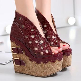 Women's Peep Toe Wedge Sandals Korean Party Shoes with Cut Out Red - intl  