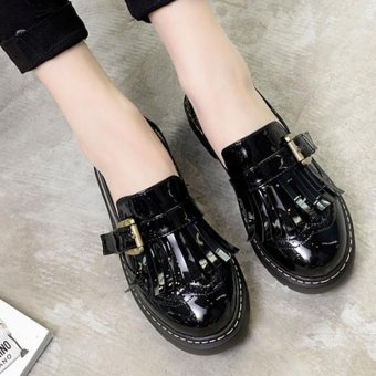 Women's Round Toe Flat Brogue Loafers Retro Casual Shoes with Tassel Black - intl  