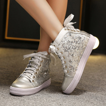 Women's Round Toe Flat Shoes Korean Casual Sneakers with Sequined White  