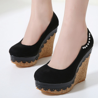 Women's Round Toe Wedge High Heels Japanese Shoes Black - intl  