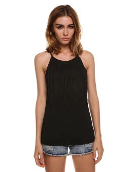 Women's Sexy Spaghetti Strap Tassel Sleeveless Blouse Loose Vest Tank Top Black - intl  