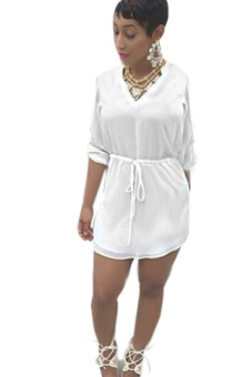 Women's Sexy V-neck Rolled up Long Sleeve Club Party Shirt Dress Cotton Casual Dress Size S  