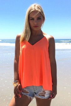 Women's T-Shirts Tops Cross Strap V Neck Sleeveless Solid Chiffon Cami Tanks Camisoles (Orange) - intl  