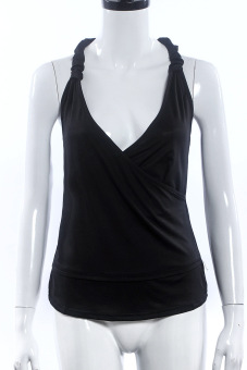Womens V-neck Backless Hanging Neck Women Vest Lace Stitching T-shirt Tops (Black) - intl  