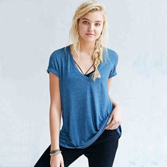 Women's V Neck Short Sleeve Loose Fit Casual T-shirt (Blue)  