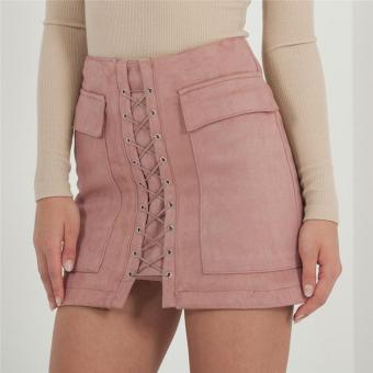 Women's Vintage High Waist External Pocket Tight Suede Lace Up Skirt Autumn Winter Thick Pencil Skirt Preppy Mini Skirt (Pink) - intl  