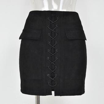 Women's Vintage High Waist External Pocket Tight Suede Lace Up Skirt Autumn Winter Thick Pencil Skirt Preppy Mini Skirt(black) - intl  