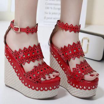 Women's Wedge Sandals Fashion High Heels with Cut Out Red - intl  