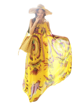Yacun Bohemian Floral Print Chiffon Maxi Casual Dress CMMF0013 (Yellow)  