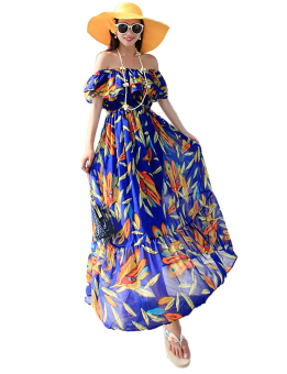 Yacun Women's Bohemian Off Shoulder Printed Chiffon Maxi Casual Dress XG9939 (Blue) - Intl  