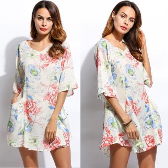 Yidabo Summer Beach Women V-Neck Half Sleeve Floral Print Pockets Mini Tunic Dress - intl  
