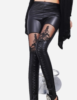 Yidabo Women Synthetic Leather Stitching Embroidery Bundled Hollow Lace Leggings Pantyhose (Black)  