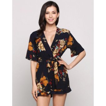 Yika Sexy Half Sleeves V-Neck Printed Floral Rompers With Belt - intl  
