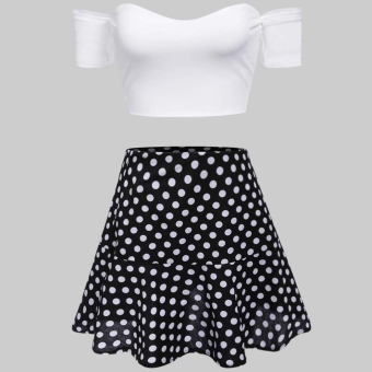 Yika Women Strapless Short Sleeve Off Shoulder Crop Tops Polka Dot Skirt Set S-XL (Black+White) - Intl - intl  