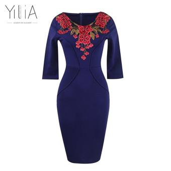 Yilia Tropical Print Dress Elegant Women Plus Size Dress Embroidery Floral Rose Casual Party Sheath Office Bodycon Purple Dress-D135 - intl  