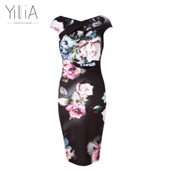 Yilia Tropical Print Dress Elegant Women Plus Size Dress Summer Sleeveless Floral Rose Casual Party Sheath Office Bodycon Dress-D138 - intl  