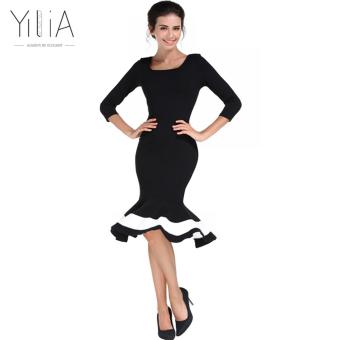 Yilia Vestido Vintage Square Collar Mermaid Mid Black Dress Long Sleeve Striped Black White Mermaid Women Dress Summer Plus Size - intl  