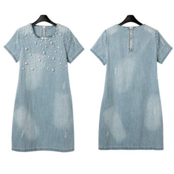 Yimi Beaded Short Sleeve Women Denim Jeans Dress (Size:S) - intl  