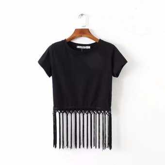 Yimi Tassel Buttom Women Loose Casual T Shirt Blouse Tops Black (Intl)  