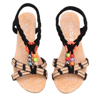 Yingwei Women Flat Beaded Sandals Bohemia Style Black  
